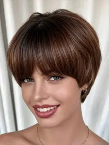 Lolely Dream 4x1 Central Middle Lace Pixie Cut Short Bob Wig, 100% Human Hair, Straight, 1b/4 Ombre, Bangs, Natural Look