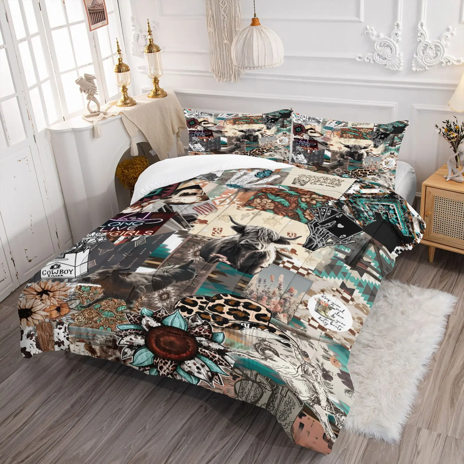 2/3-Piece Western Cowboy Patchwork Comforter Set, Highland Cow Sunflower Bohemian Style Soft and Comfortable Boho Bedding Set, Retro Country and Southwest Style Boy and Girl Bedroom Decoration (Includes 1 Quilt + 1 Or 2 Pillowcases)