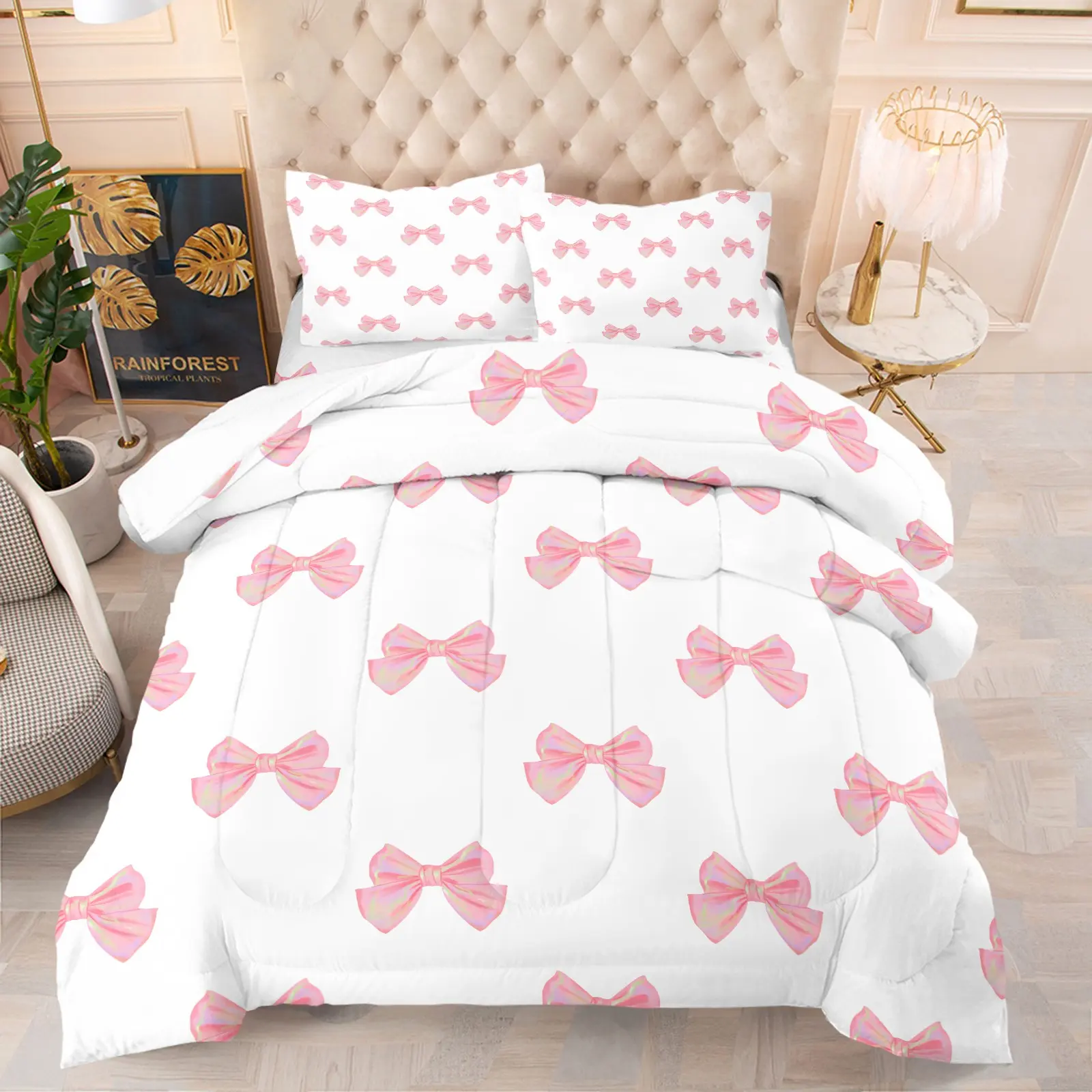 Pink Gradient Butterfly Knot White Base Print Comforter Set-1 Quilt + 1-2 Coreless Pillowcases-Gradient Dewy Powder Bow-Soft Warm Bedding-ins Gentel Style Sweet Style Child & Girl Bedroom Decor Gift Bedding Sets