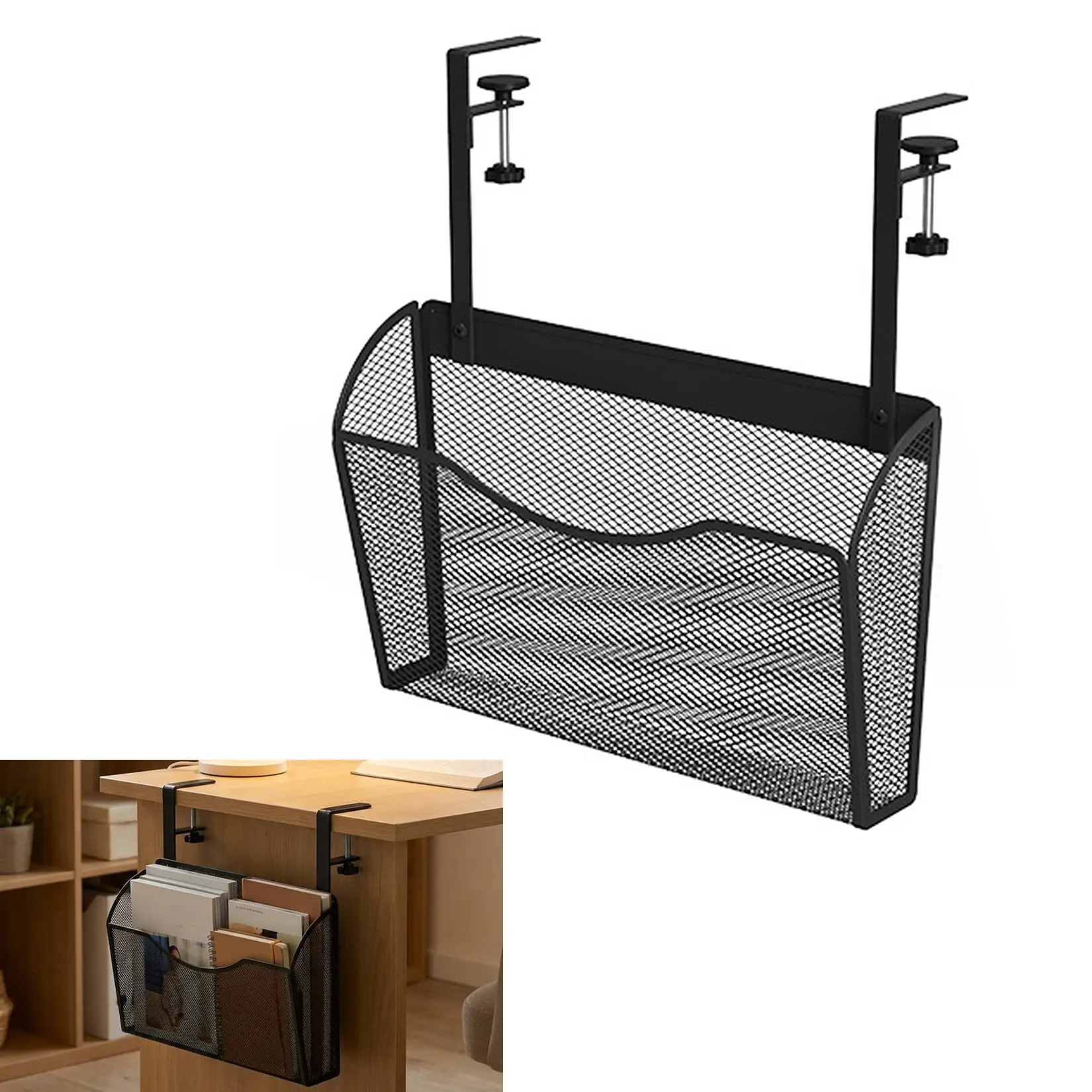 Clamp-On Under Desk Storage Organizer – No-Drill Metal Mesh Hanging File Holder, Space-Saving Desk Side Pocket for Books, Laptops & Office Supplies (Fits 0.5-2.2" Thick Desks)