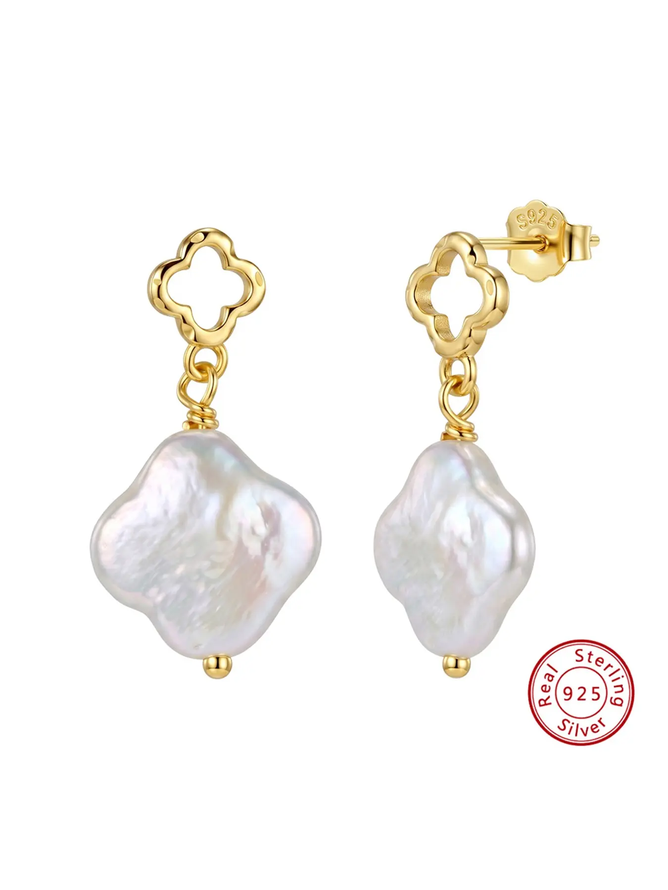 925 Sterling Silver Clover Natural Pearl Earrings, Elegant Women's Jewelry, High-Quality Handmade Design, Perfect Gift Choice