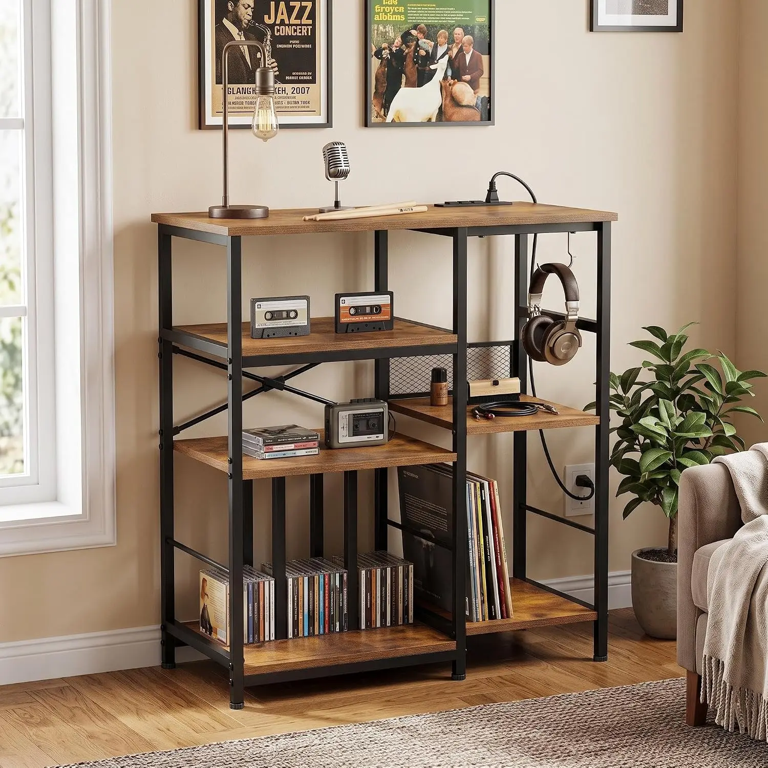 Gaomon Rustic Brown Record Player Console, 300+ Vinyl Storage Shelf, Adjustable Decorative Organiser with Built-in Multi-Charging Port Metal Station for Simultaneous Player, Phone & Headset Charging