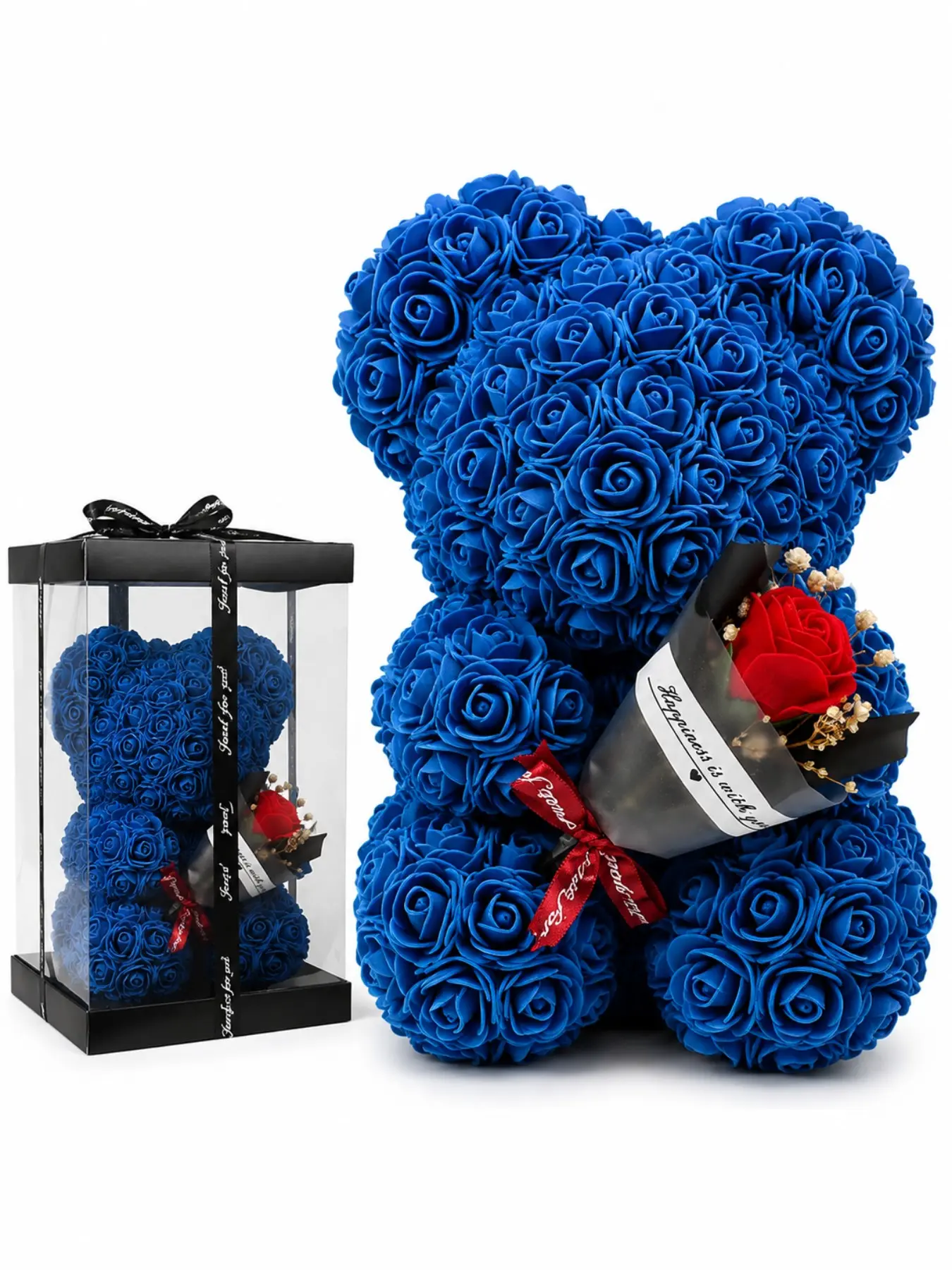 Handmade Blue Foam Rose Teddy Bear with Acrylic Gift Box, Forever Flower Bear Gift with Mini Rose Bouquet, Elegant Romantic Gift for Women, Girlfriend, Wife, Mom, Birthday, Valentine's Day, Anniversary, Mother's Day, Christmas