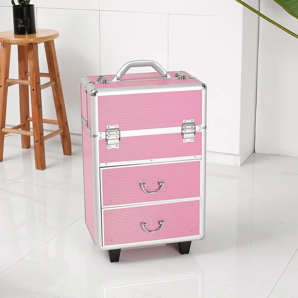 Professional 4-Tier Lockable Makeup Train Case with 6 Extendable Drawers & 2 Bottom Trays, Pink Aluminum Cosmetic Organizer with Steel Corners & Keys, Portable for MUA, Travel
