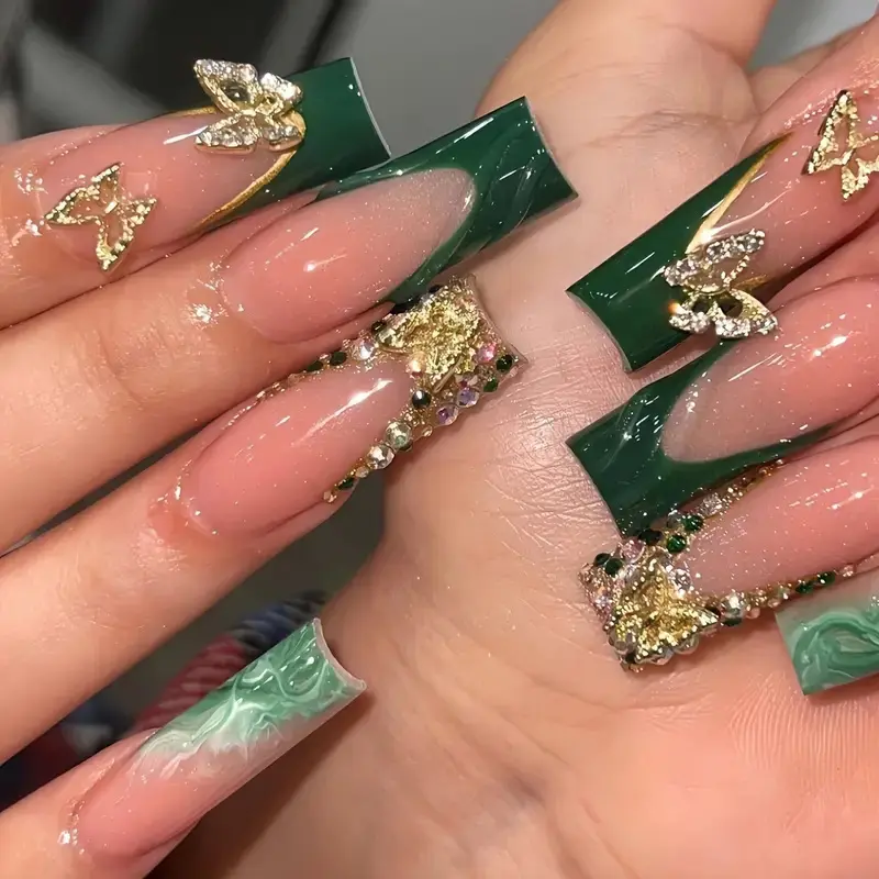 Luxury Dark Green French Butterfly Rhinestone Press-On Nails, Long Coffin Taper Square Design with Gold Crystals, Fashion Nail Pack Set, Coffin Shape, Manicures, Formal Events, Gemstone Nails, Manicure Nail Art