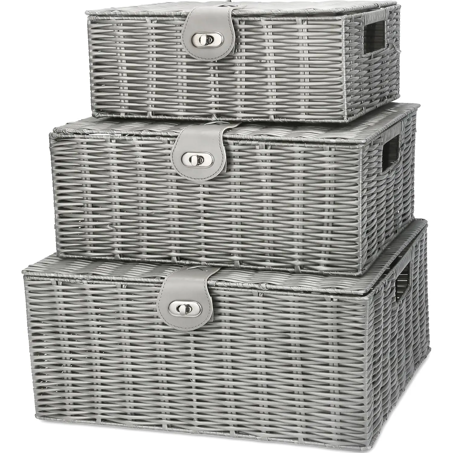 Grey Wicker Storage Baskets - Set of 3 Decorative Nesting Boxes with , Woven Basket with Lock & Handle, Organizer for Beauty Makeup Bathroom Decor