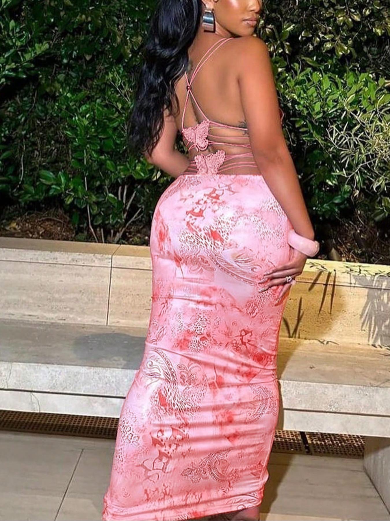 Women's All Over Print Criss Corss Butterfly Decor Backless Cami Dress, Sexy Fashion Style Sleeveless Spaghetti Strap Mini Dress for Beach Club Party, Butterfly Dress for All Seasons Butterfly Dress