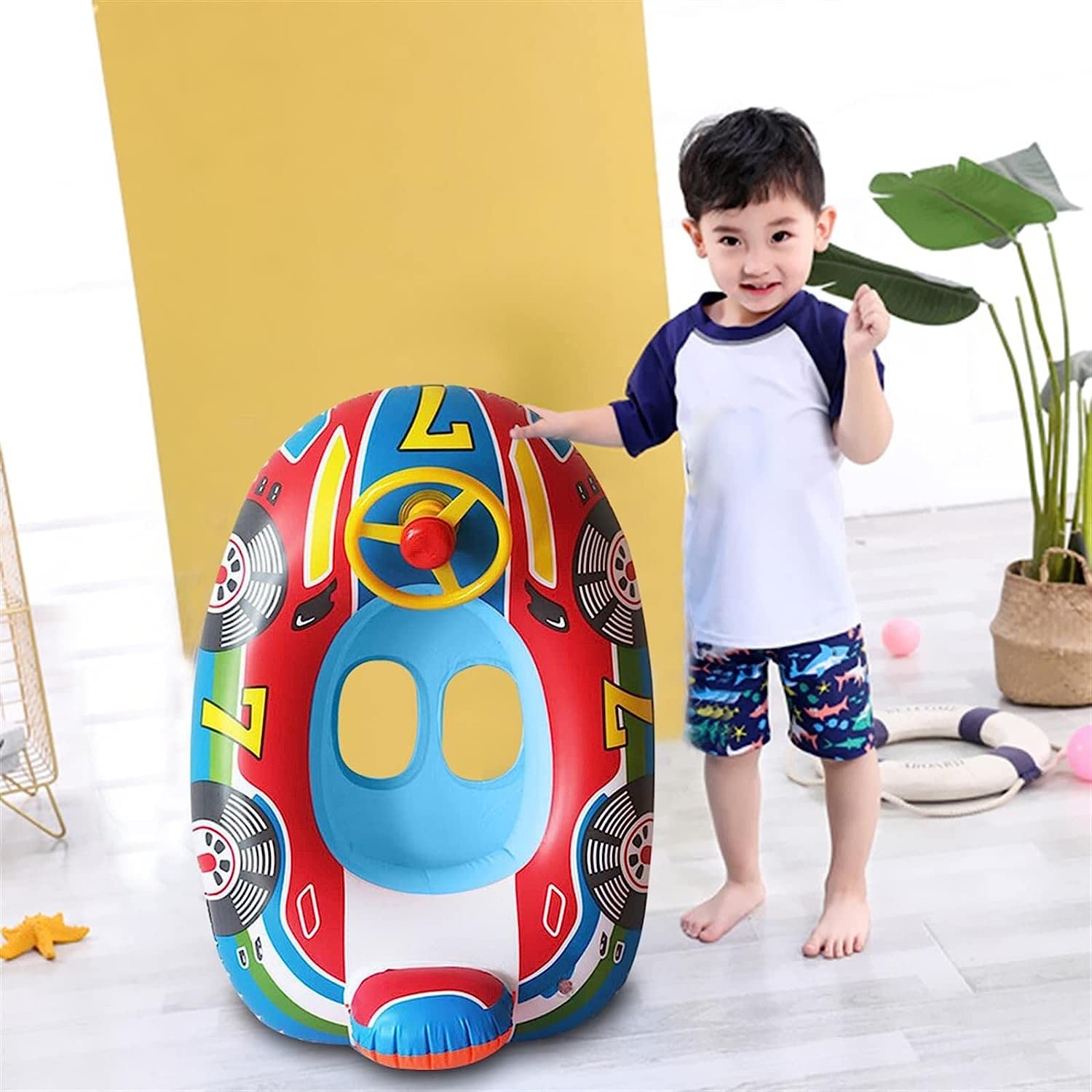 Cute Car Design Inflatable Swimming Pool Float, Inflatable Summer Beach Floatie Boat, Fun Swimming Ring with Handles Safety Seat for Girls Boys, Inflatable Pool Floats