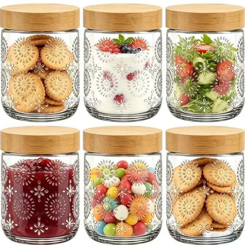 6-Piece Overnight Oatmeal Jar Set, Vintage Glass Jars, Small Wide-Mouth Mason Jars with Lids, Glass Food Storage Jars, Airtight Leak Proof Salad Jars, Perfect for Overnight Oatmeal, Yogurt, Candy, Salads, Coffee, Spices, and More.