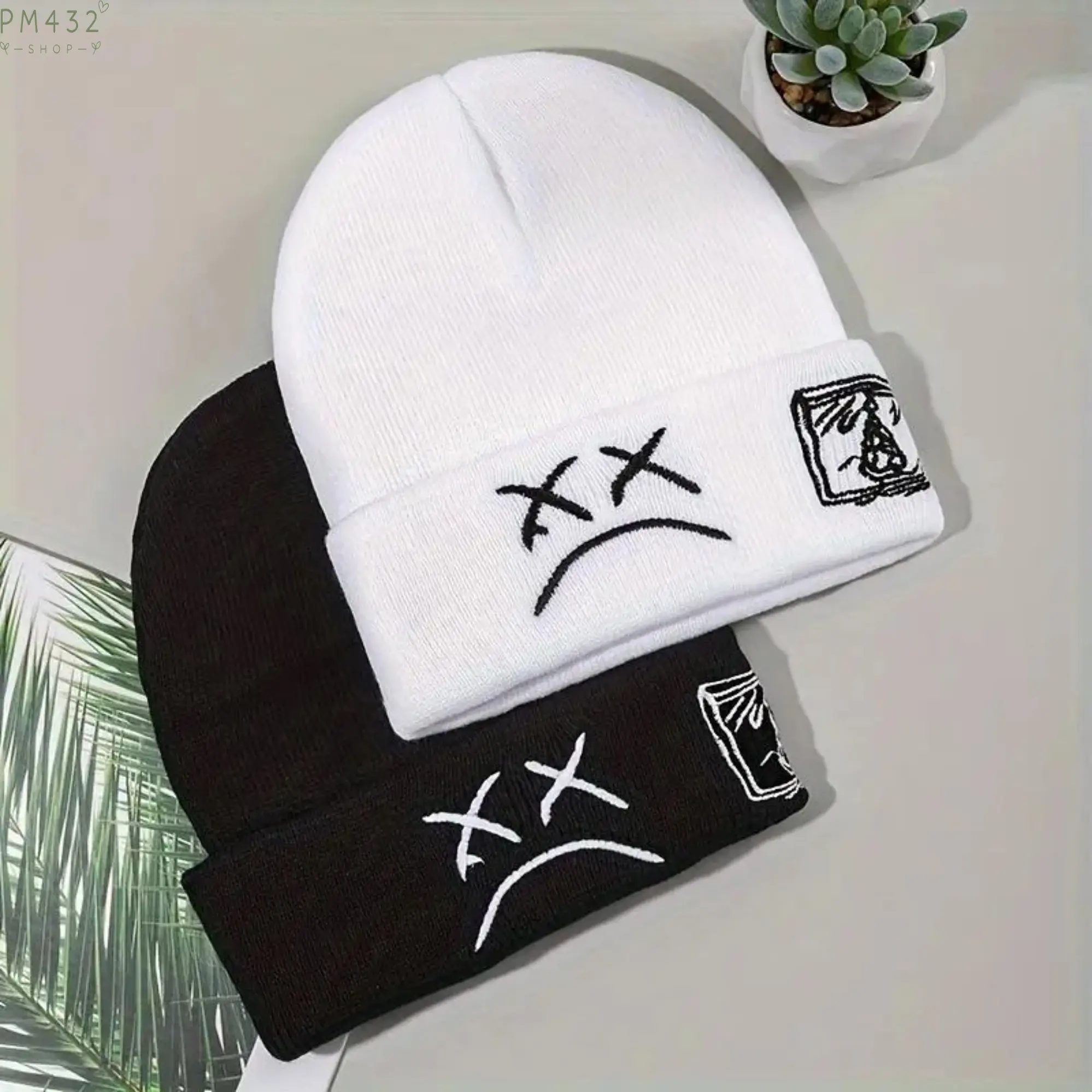 Sad Face Beanie Hat, Embroidered Cuffed Knit Winter Hat for Men & Women, Hip Hop Streetwear Style Warm Cap, Unisex Fashion Accessory for Cold Weather, Outdoor Activities, Casual Daily Wear & Trendy Looks