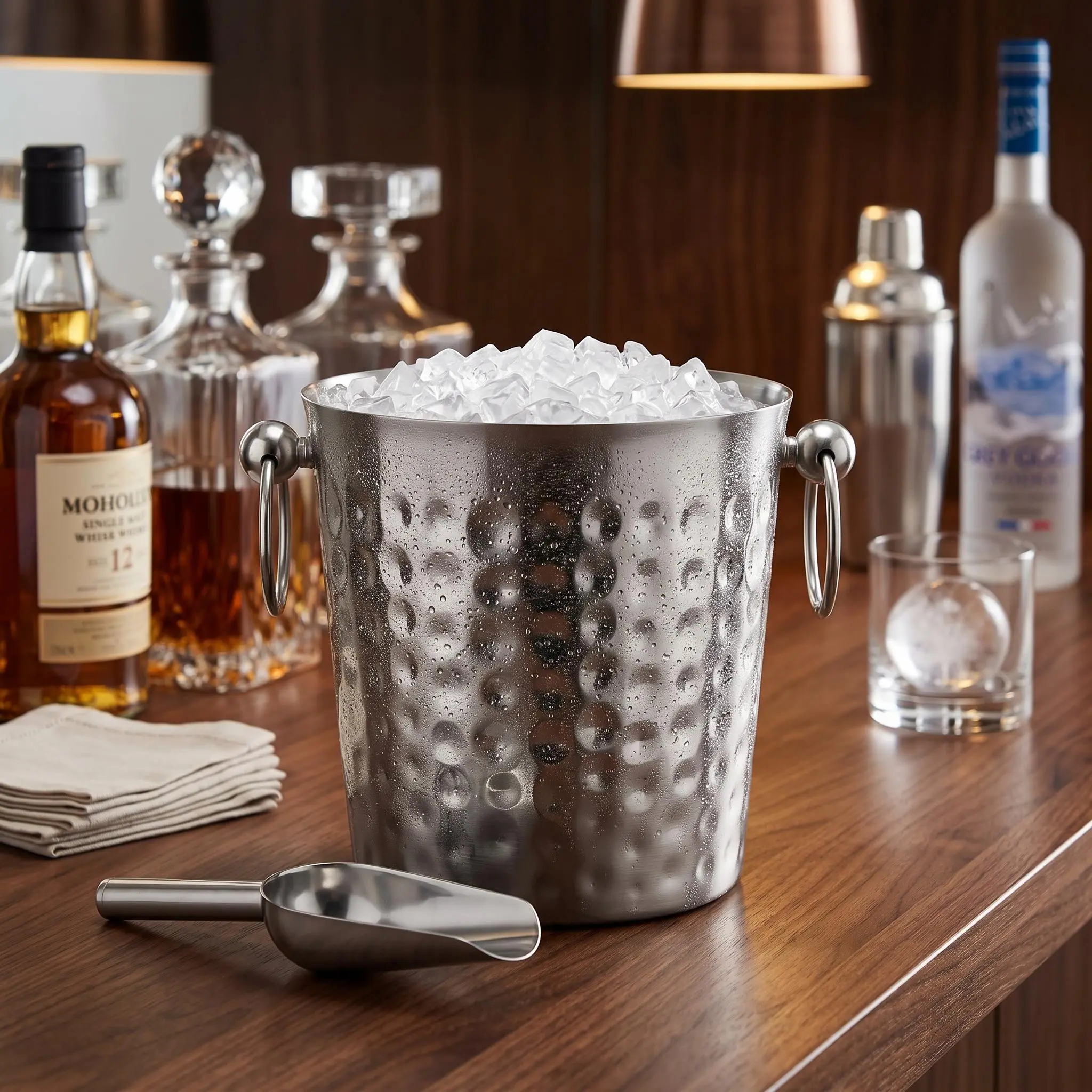 3L Hand Hammered Stainless Steel Ice Bucket with Ice Scoop, Long Lasting Cold Retention Silver Bar Accessory, Durable Elegant Cooler Tub for Home Kitchen Parties Wine Champagne Storage