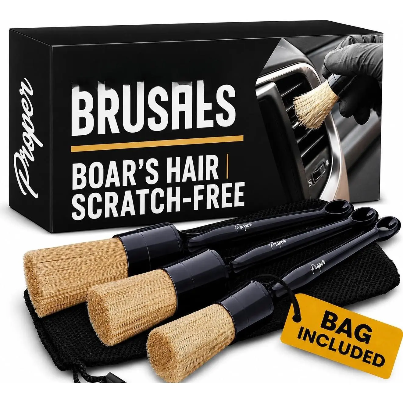 Brush Set, 3 Pack Interior and Exterior Detail Brushes, with Soft Boars Hair Bristles for Auto Interior & Exterior - for Cleaning Leather Seats, Air Vents, Wheels & Emblems