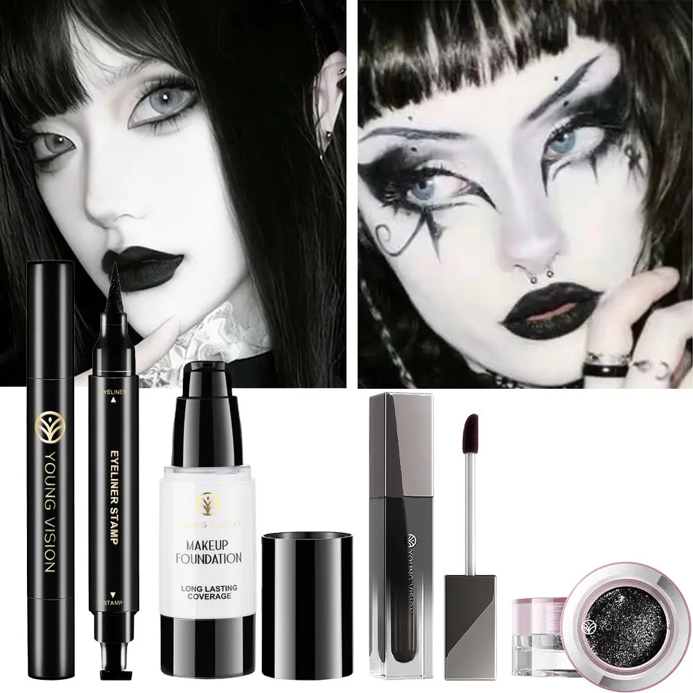 4pcs Halloween Facial Makeup Combination Set Gothic Style Black Lipstick Eyeliner Eye Shadow White Foundation Make-up Set Makeup