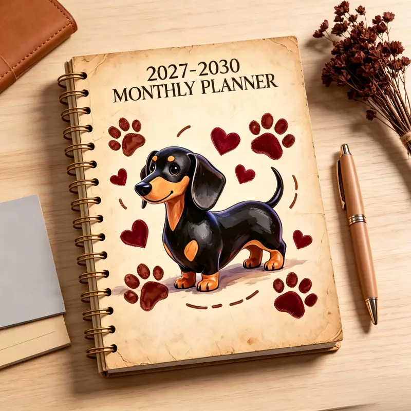 1 A5-sized 2027-2030 monthly planner - From January 2027 to December 2030, a four-year monthly planner, Dachshund-themed cover design, yearly calendar plan, month labels, 48-month calendar, available in various colors, a perfect gift for friends, family,