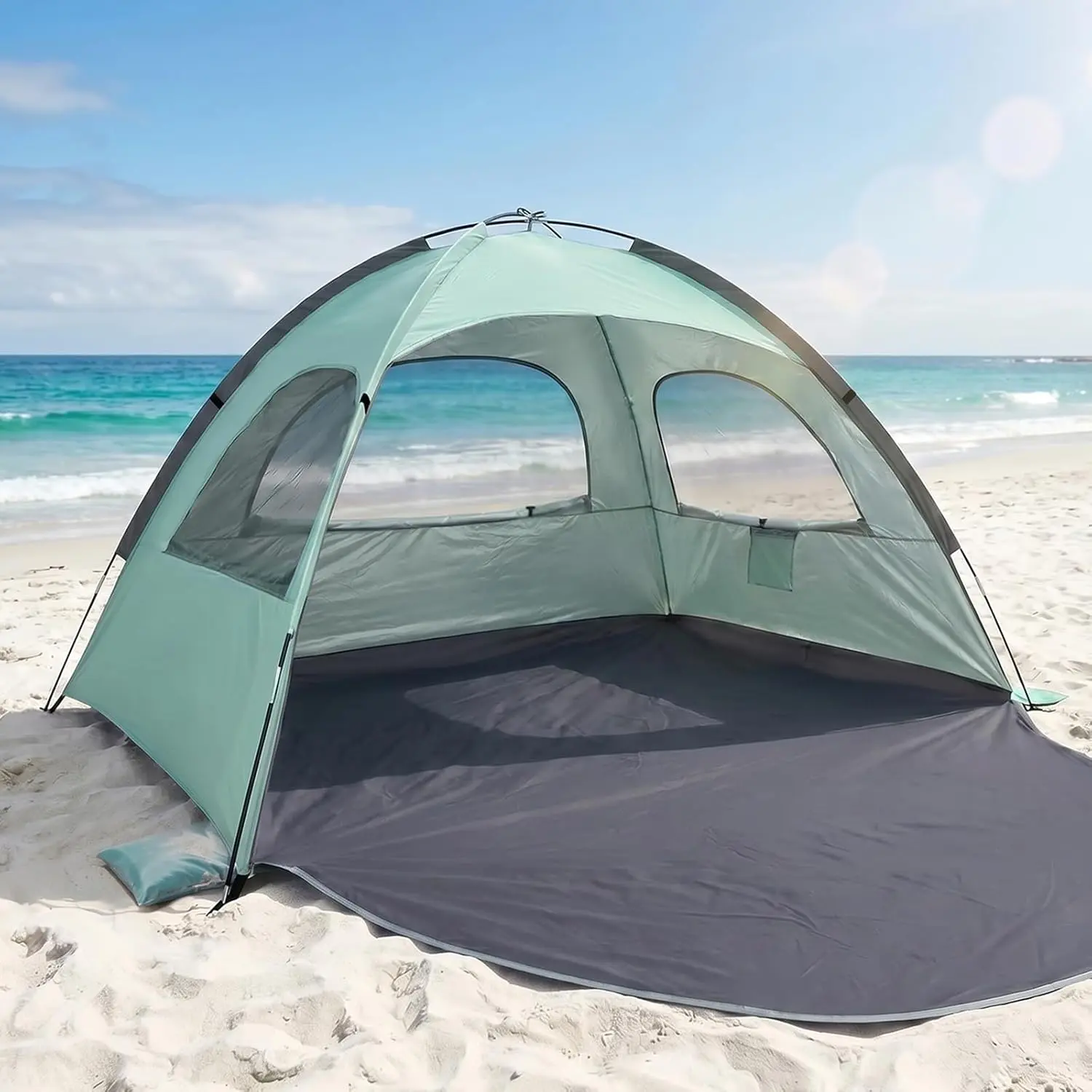 Beach Tent Anti-UV Portable Sun Shade Shelter for 3/4/6/8 Person, Extendable Floor with 3 Ventilating Mesh Windows Plus Carrying Bag, Stakes and Guy Lines