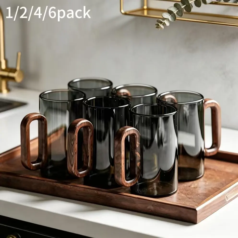 Smoky Gray Borosilicate Glass Cup Set 1/2/4 Pcs, Mug Sets, Drinkware, Coffee Mugs, Food Grade Lead Free Heat Resistant Mugs with Walnut Anti-Scald Handle, Dishwasher Safe Drinkware for Coffee Tea Latte, Home Decor Housewarming Gift