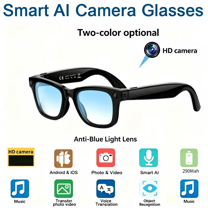 Intelligent camera AI translation glasses, high-definition lens anti shake shooting, real-time multi country translation+AI image recognition, Bluetooth call wireless image transmission, lightweight and waterproof all-around black technology glasses for d
