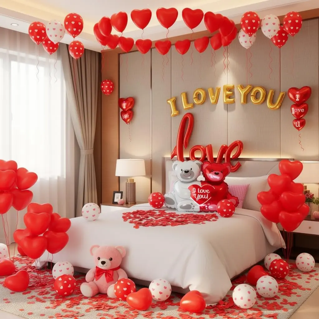 Valentine's Day Balloon Decorations Set with "I Love You" & Teddy Bear Foil Balloons, Red Heart Hanging and Print Balloons, Rose Petals Happy Anniversary Romantic Wedding Party Decorations