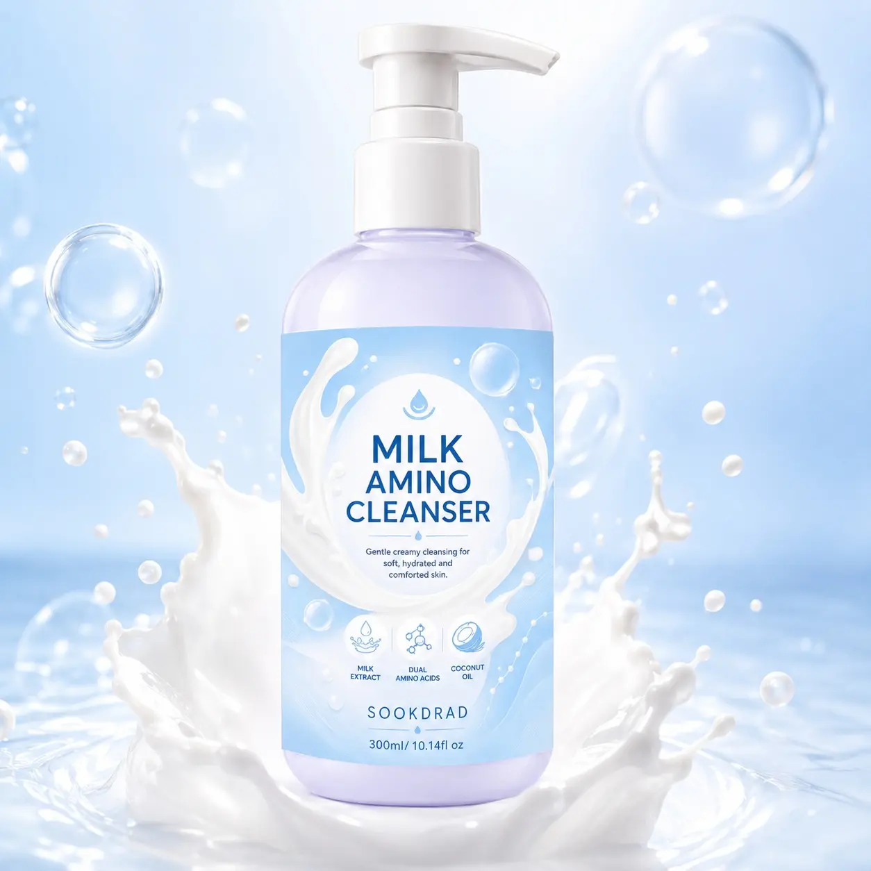Milk Amino Cleanser, milk extract, dual amino acids, coconut oil, gentle creamy cleansing, softening skin, hydrating skin, comforting skin, facial use, all skin types, daily cleansing, 300ml/10.14fl