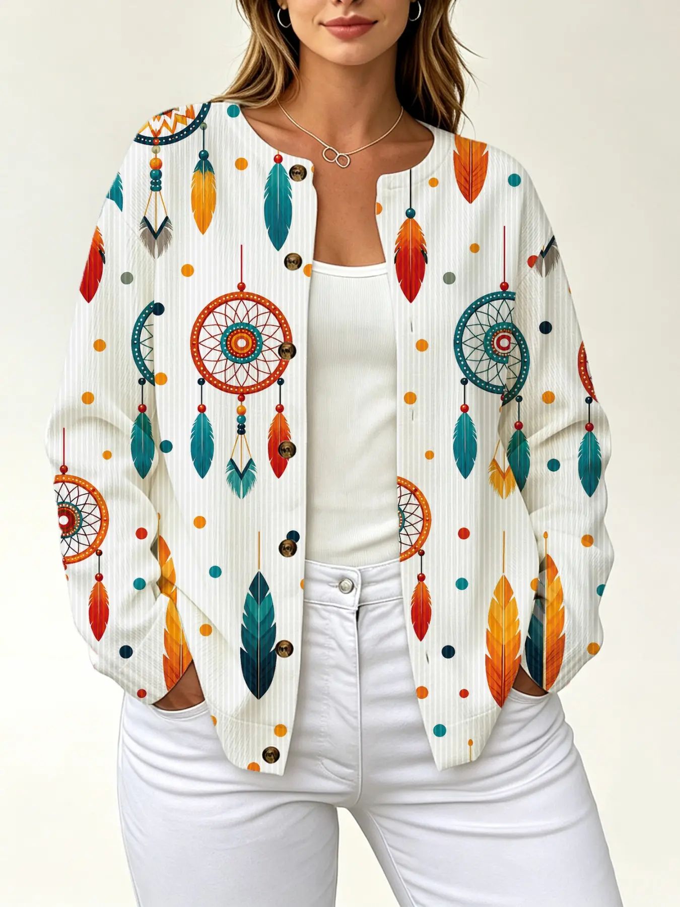 2026 Women's New Ethnic Style Knit Coat, Colorblock Dreamcatcher Fringe Feather Soft Jacket, Single Button Drop Shoulder Loose Fit