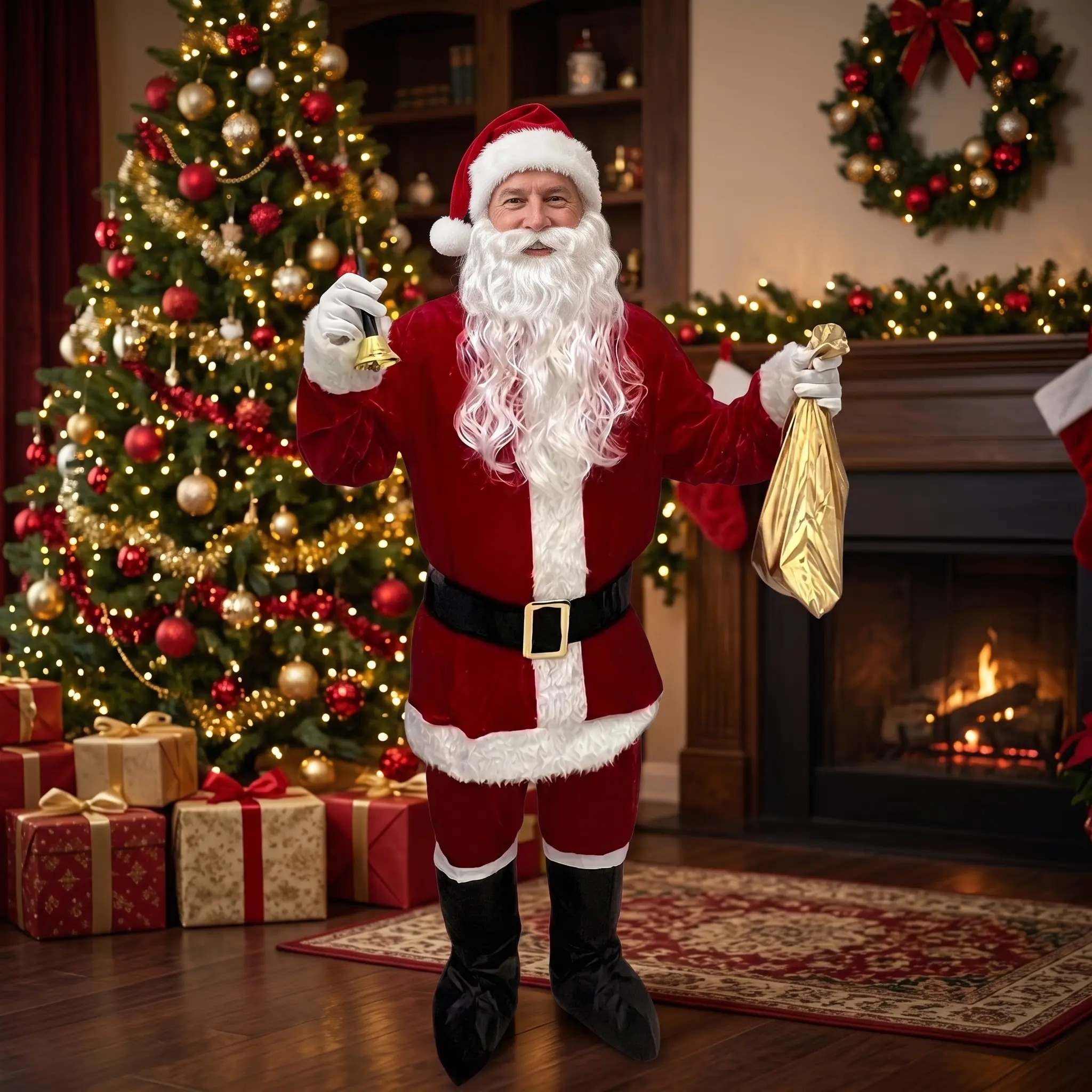 10-Piece Burgundy Velvet Santa Costume, Adult Men’s Christmas Party, Complete Accessories, One Size, Luxe Holiday Look