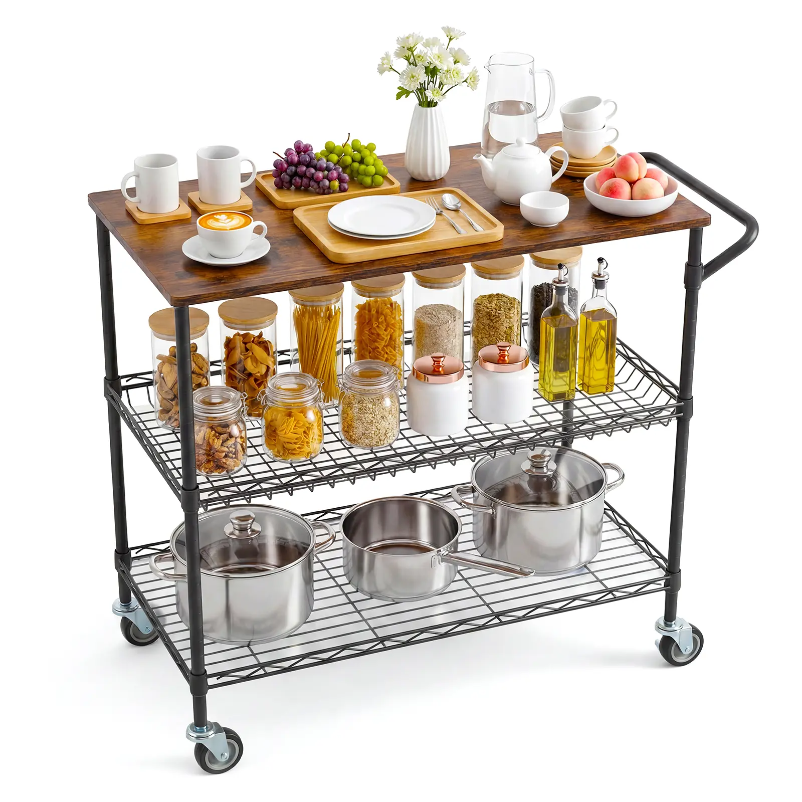 Heavy-Duty Rolling Kitchen Island Trolley - Portable Small Kitchen Island with Solid Wood Top, 250KG Load Capacity, Adjustable 3-Tier Shelves, Wheels, and 10 Hooks for Microwave Storage