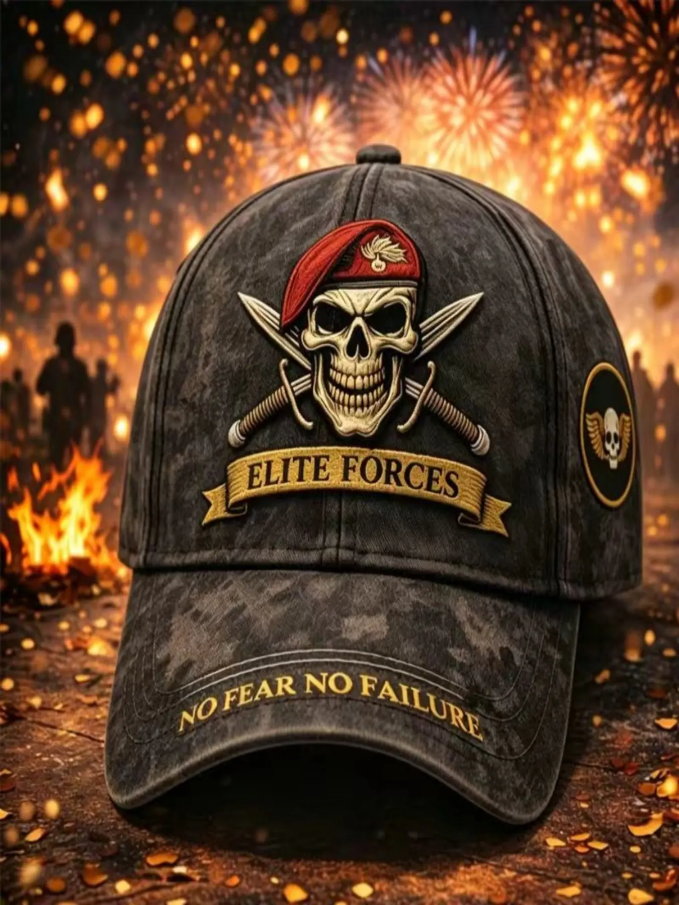 Military Slogan Print Army Hat, Vintage Distressed Dark Core Military Fan Baseball Cap Adjustable, Casual All-Season Fitted Hat, Trendy Streetwear Accessory