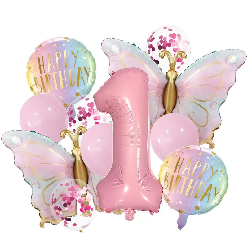 13-Piece Butterfly Theme Number Aluminum Foil Balloon Bouquet Set, Balloon Decorations, Sparkly Balloons for Girl's Birthday Party Celebration