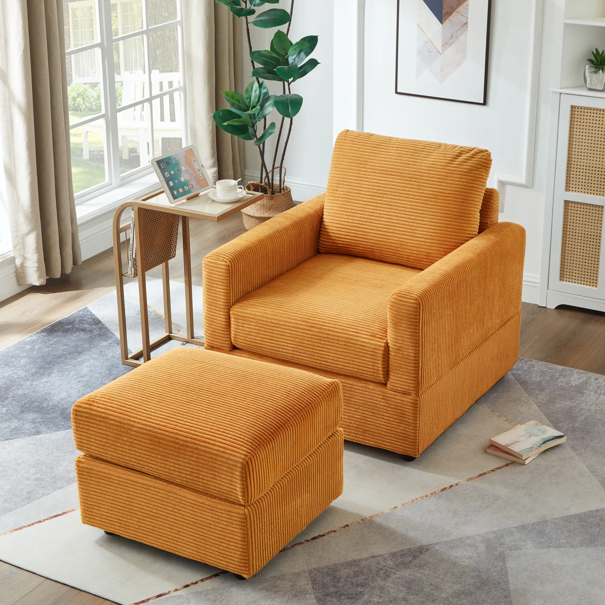 ARCH Classic Corduroy Chaise Lounge Comfy Sofa Chaise Couch Chair Upholstered Accent Chair with Ottoman for Living Room Yellow Fabric Single Seat Relaxation Furniture, Living Room Furniture for Apartment, Lounge, Family Room, Office and Home Seating