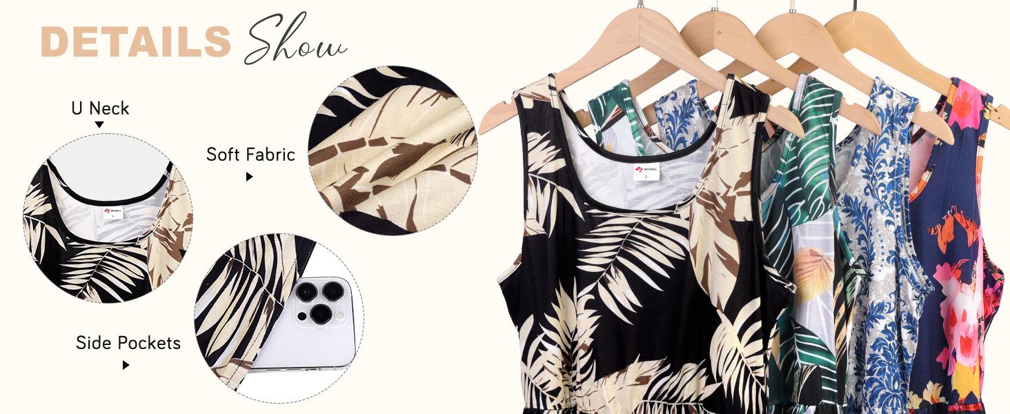 WIHOLL FASHION SwimWeek Summer Dresses for Women Flowy Casual Midi Dress Beach Vacation Sundresses with Pockets Bohemian Womenswear Sleeveless