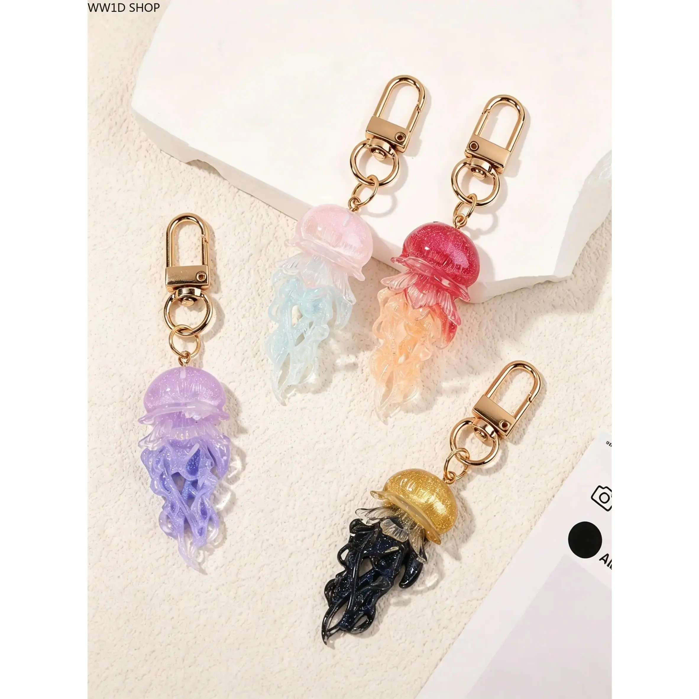 Luminous 3D Jellyfish Charms with Gradient Glitter, Nautical Resin Bag Pendant for Handbags, Purses, and Keys, Bag Purse Charms, Sparkly Bag Charm