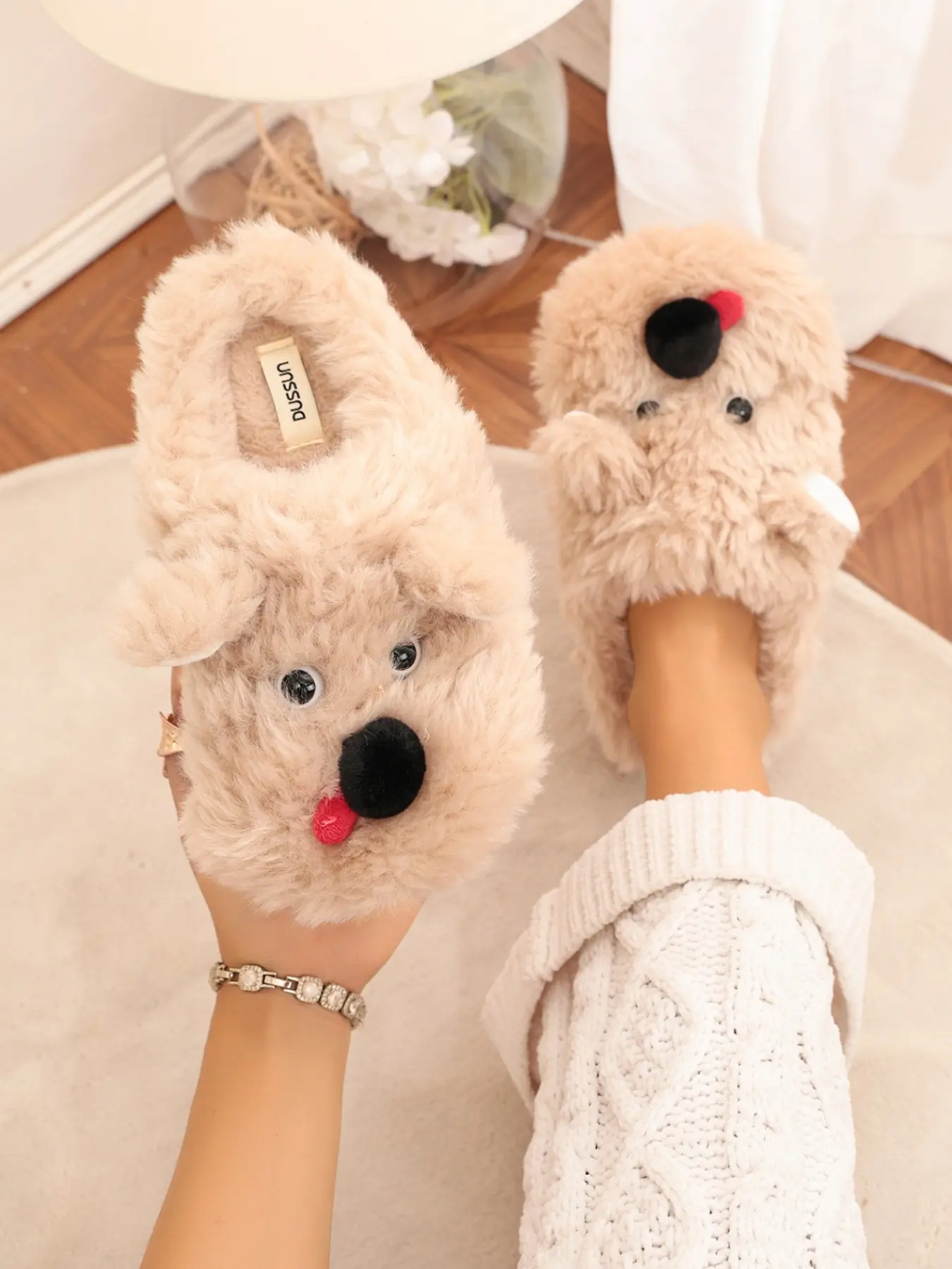 Cute Cartoon Puppy Plush Slippers for Women, Warm Fuzzy Full Coverage, Non-Slip Rubber Sole, Fall & Winter Indoor Shoes