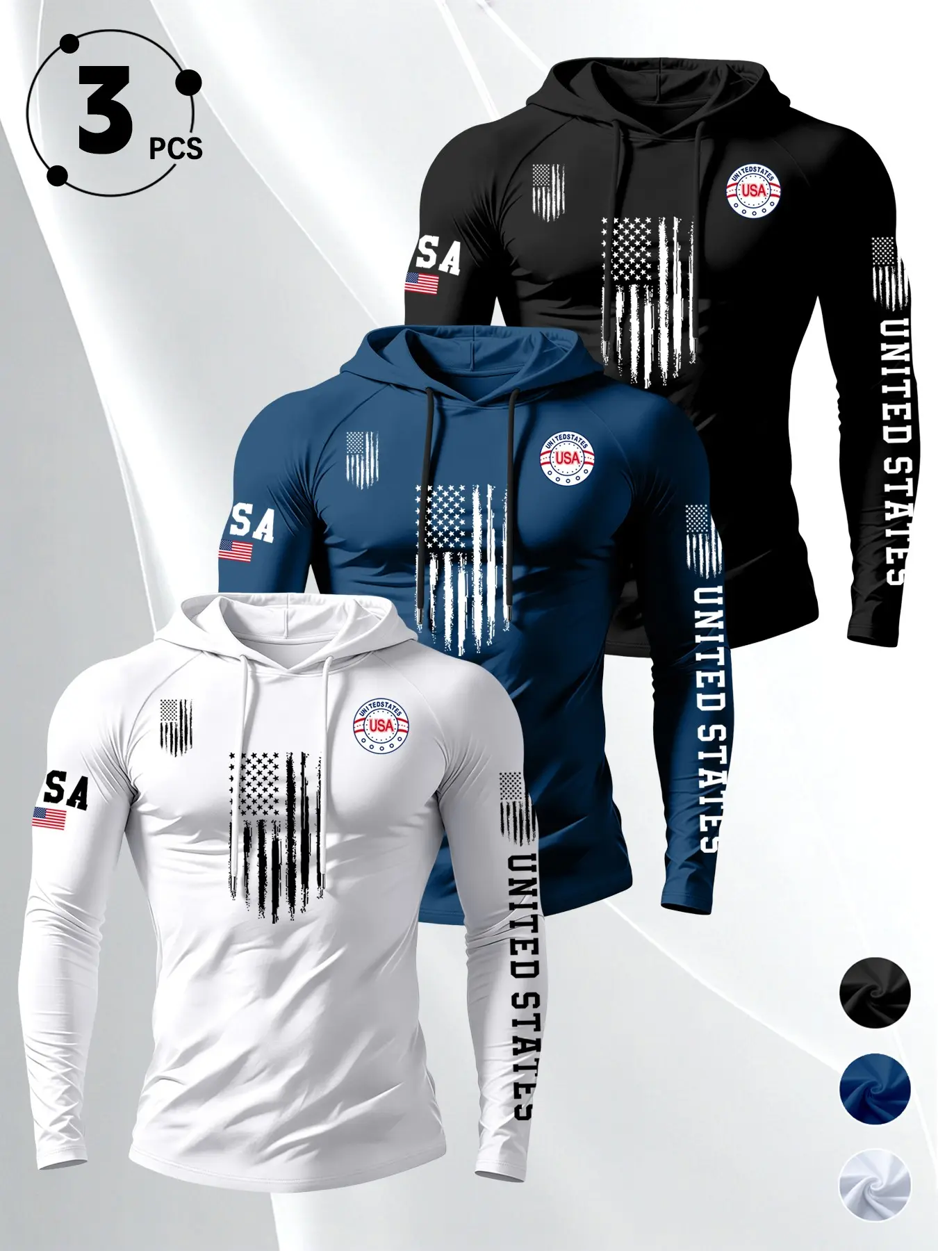 3-Pack Daily Workout Clothes, Usa Vintage Flag Hooded Tight Long Sleeve, Men's Elastic Weight Training Pullover Hoodie