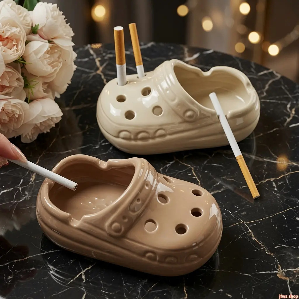 Creative Clog Shape Ceramic Ashtray with a Handmade Look, Deep Windproof Grooves for Cigarettes & Cigars, Heat-Resistant Living Room Decor, Creative Shape