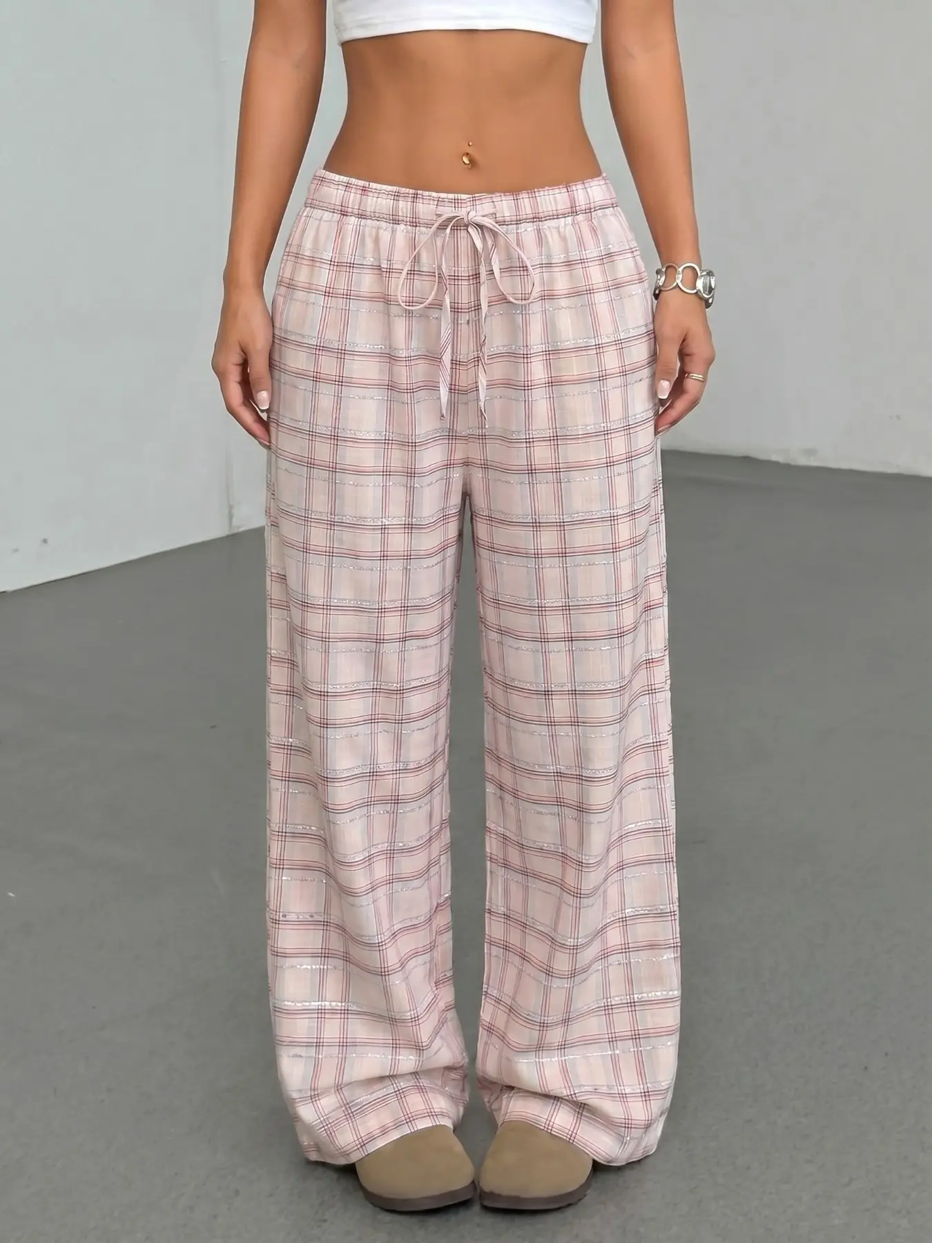 Women's Glitter Plaid Oversized Wide Leg Pants Elastic Drawstring High Waist Loose Full Length Casual Trousers 2026 Summer Streetwear Daily Trendy Going Out Stylish Viral TikTok Fashion Essential for Loungewear, Vacation & Casual Daily Matching