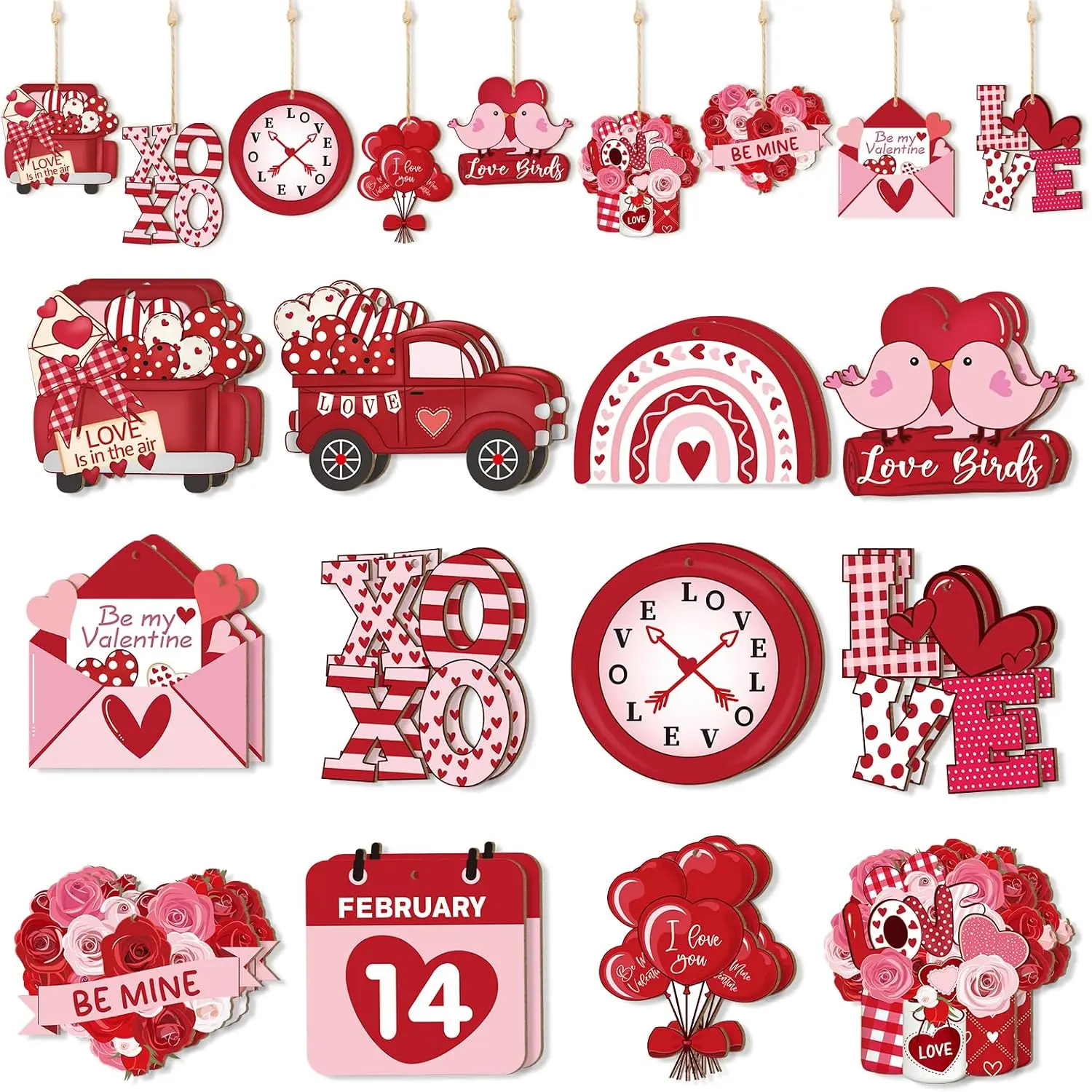 Valentines Day Ornaments for Tree Heart Decoration Indoor 24 count,Wooden Cutouts Heart Ornament Decor with Ropes, XOXO Love  Valentine Ornaments  Crafts for   Party Supplies