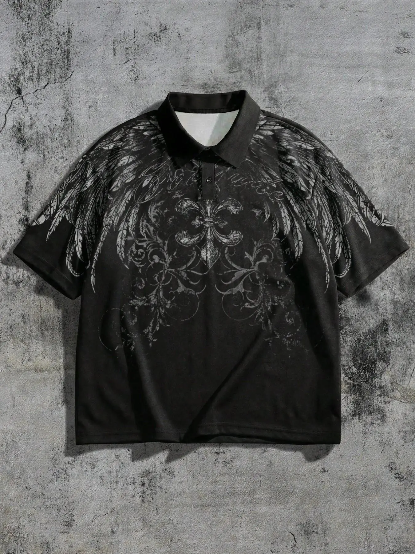 Men's Black Oversized Polo Shirt, Loose Polo Shirt, Casual Streetwear Top with Grunge Angel Wing & Gothic Cross Print, Retro Y2K Streetwear Tops for Summer, Campus Looks, Casual Outings, Parties, and Relaxed Dark Aesthetic Styling