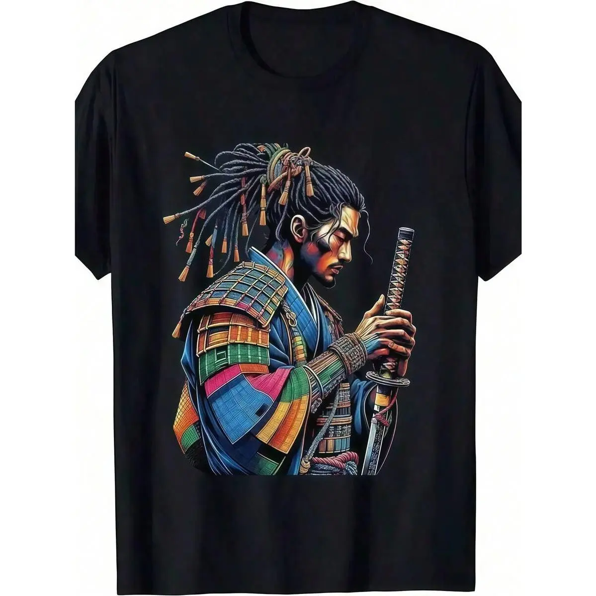 1 Pc Men's Clothing Samurai Warrior Printed Black Tshirt, Graphic Tee, Summer Tops, Shirt, Unisex Casual Crew Neck Tshirt, Plus Size Men's 5XL,