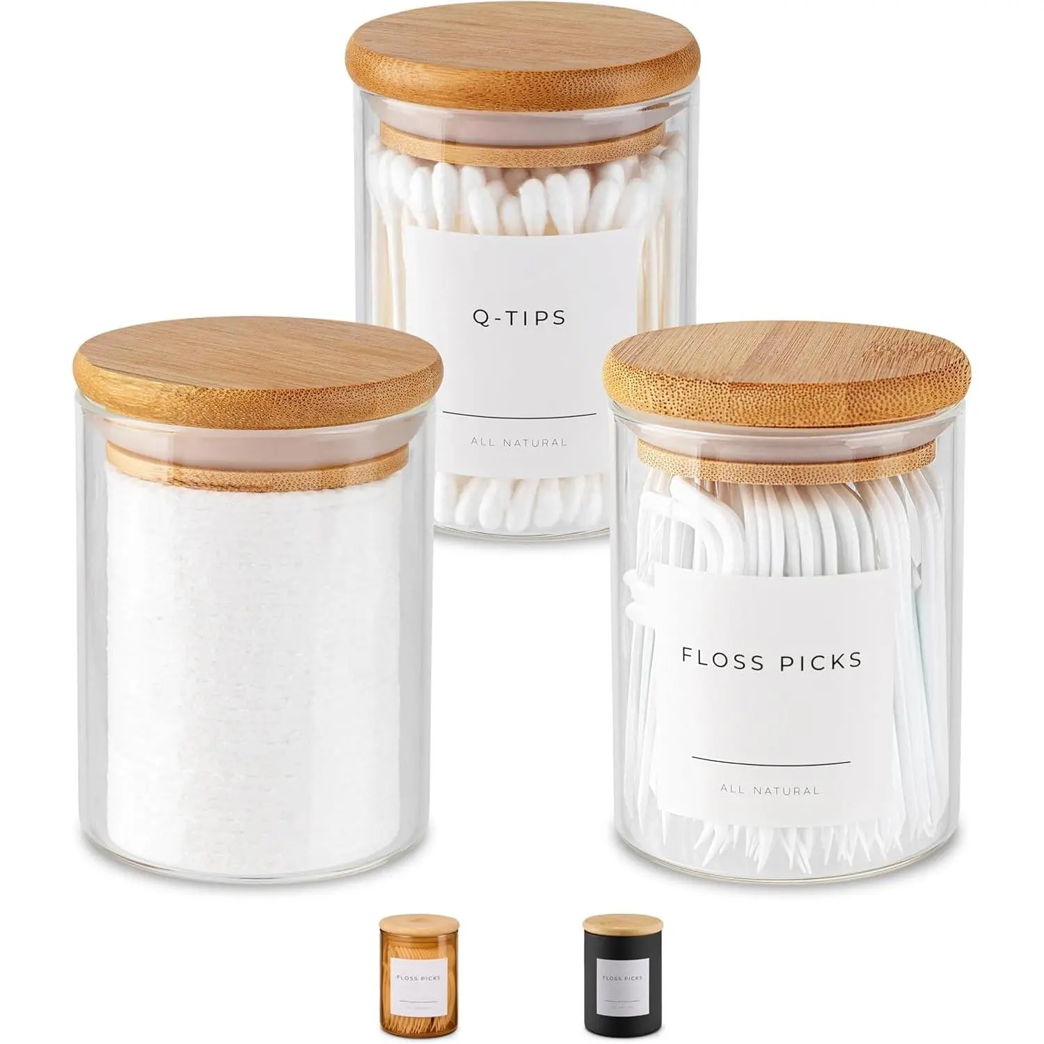 10 oz Mini Glass Apothecary Jars with Bamboo Lids - 3-Piece Storage Organization Set, Kitchen/Bath Bottle Storage Organizer for Cotton Balls, Pads, Swabs (Clear)