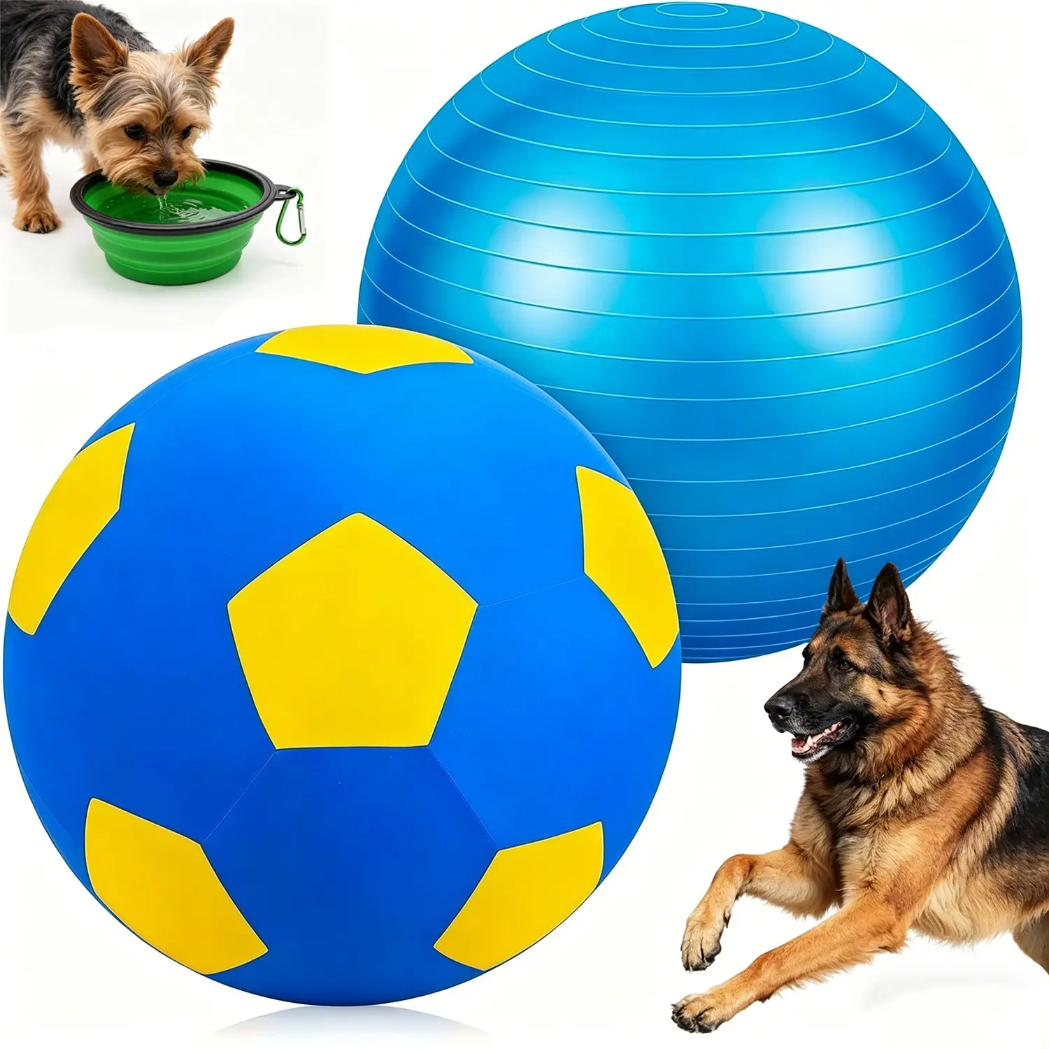 Dog Herding Ball Toy for Large Breed Dogs, 22in PVC Plastic Tough Chew-Proof Anti-Burst Cover, W/ Heavy-Duty Pump & Foldable Water Bowl, Blue for Park Training