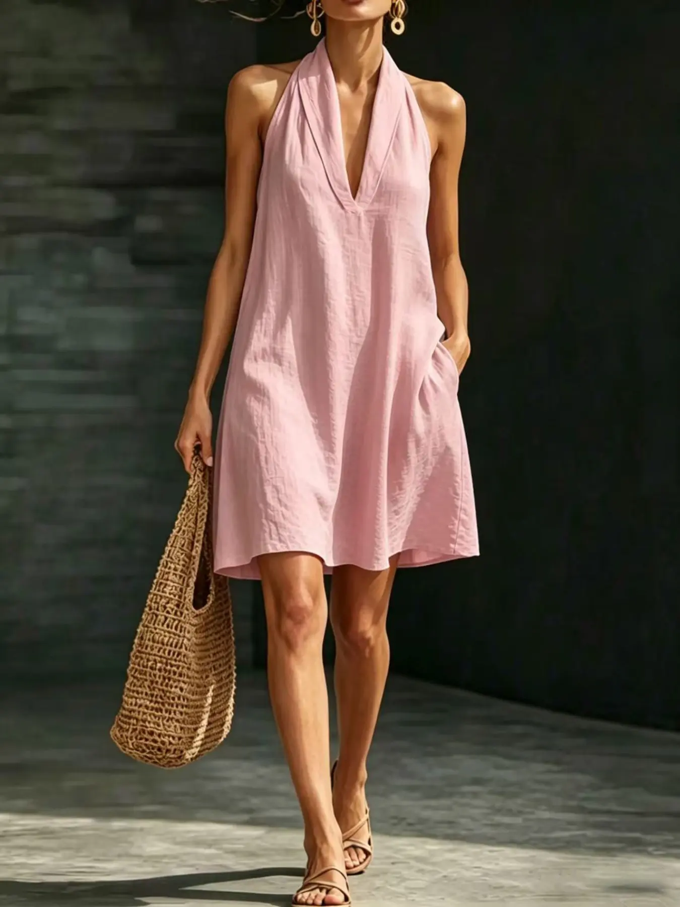2026 Summer New Women's Dress, Casual Solid Color V-Neck Short Skirt, Trendy Fashion for Daily Wear, Comfortable and Stylish Design