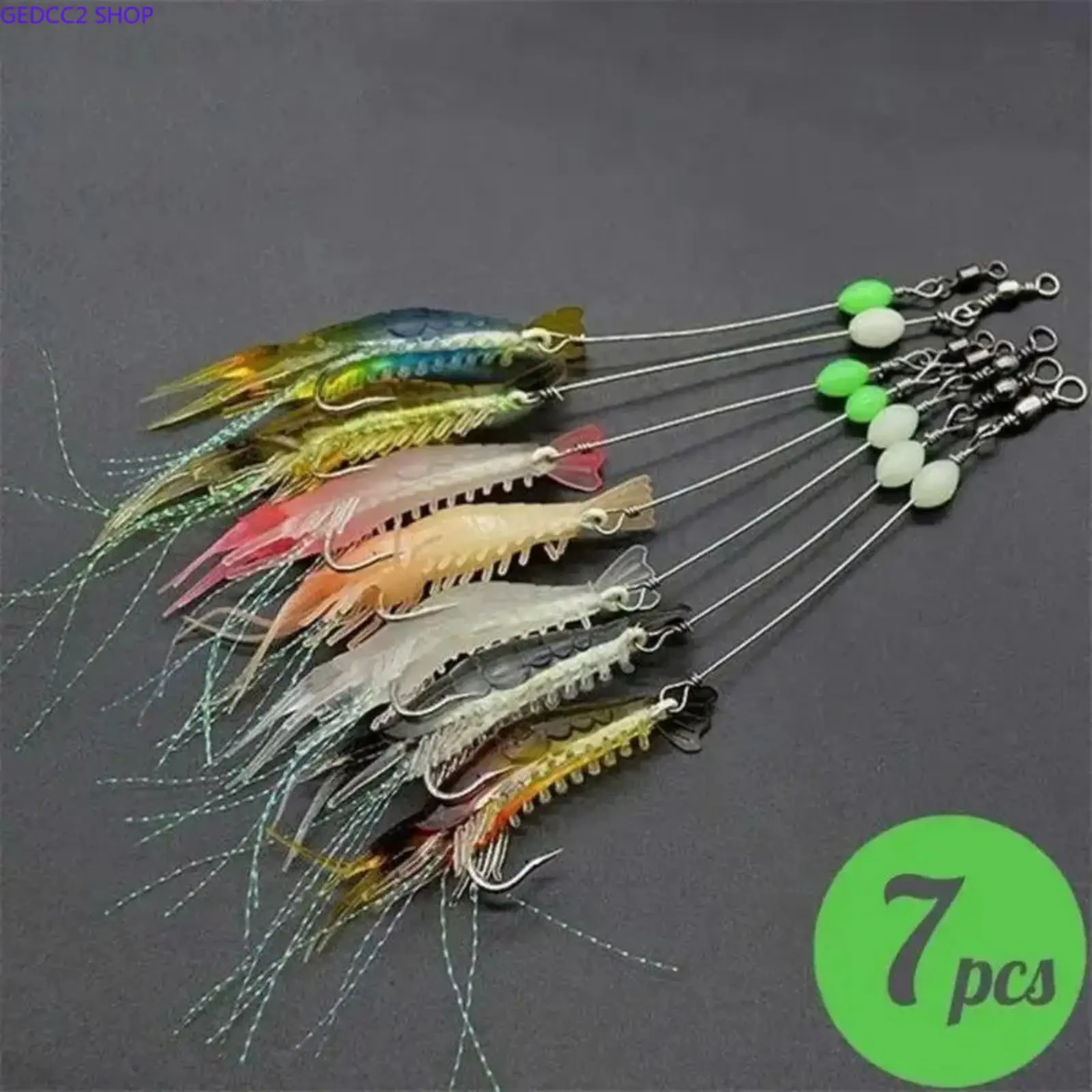 7PCS Glow in the Dark Shrimp Fishing Lures, Realistic Artificial Shrimp Bait with Hooks, Bionic Fishing Tackle Set for Freshwater & Saltwater Angling, One Size