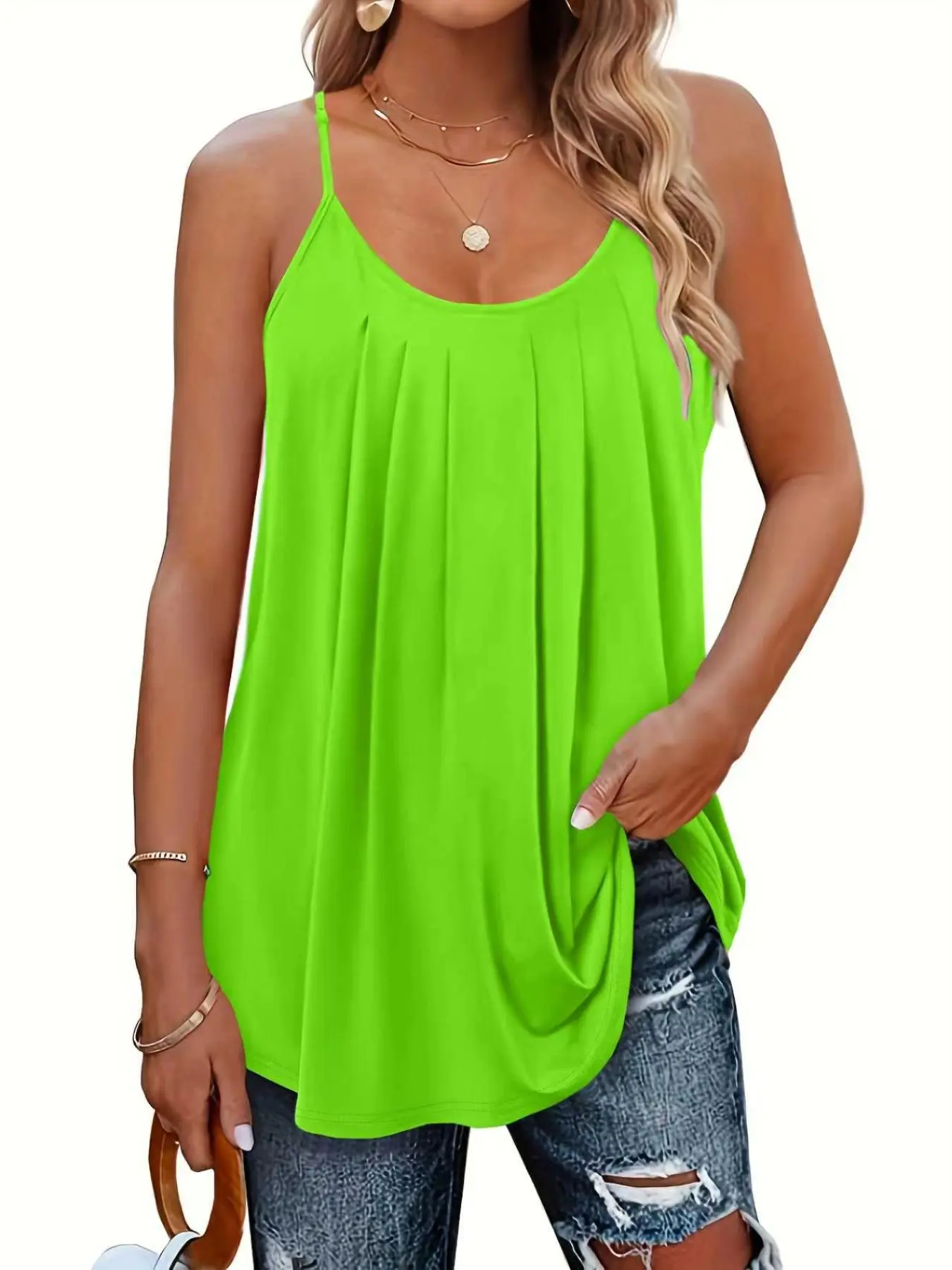 Women's Loose Fit Sleeveless Tank Top, Adjustable Thin Straps, Chest Ruching, Fashion Casual Aesthetic Summer Vacation Tank Top, Long Length