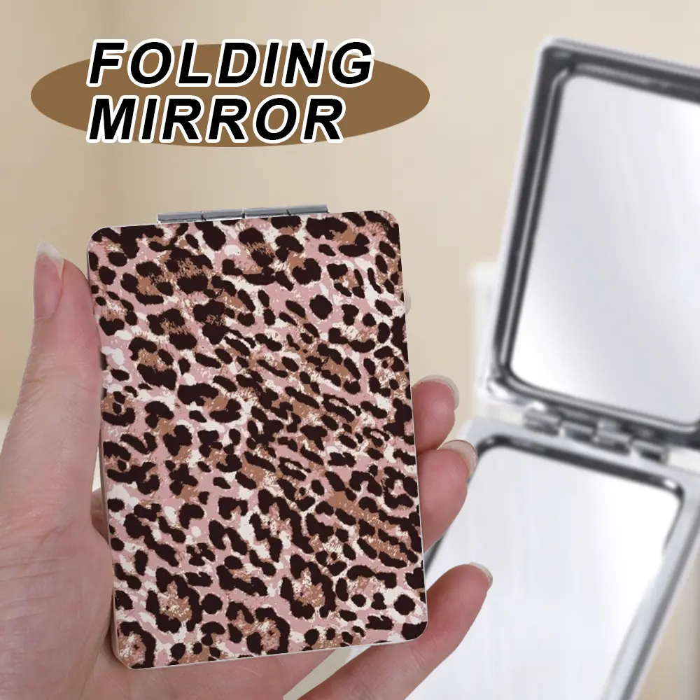 1Pc Pink Brown Leopard Print Compact Mirror, 1X 2X Magnifying Portable Folding Handheld Travel Makeup Mirror, Foldable Makeup Mirror, Ideal for Purse Travel Bathroom, Trendy Y2K Aesthetic Gift for Women Girls