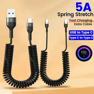 66W 5A USB Type C Spring Car Fast Charging Cable For Xiaomi Redmi Huawei Type C To Type C Data Cord For iPhone 15 Usb c Cable