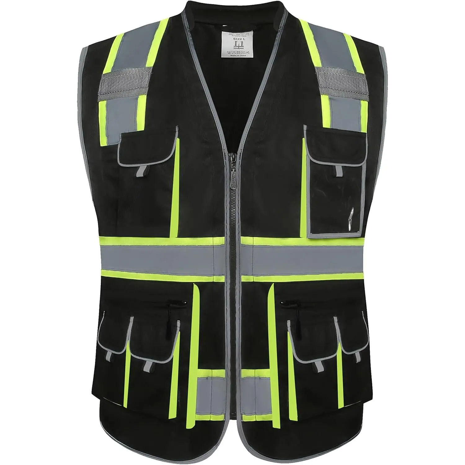 JKSafety 10 Pockets Hi-Vis Zipper Front Black Safety Vest | Cushioned Collar | High Reflective Tapes with Extended Neon Yellow Strips | Meets ANSI/ISEA Standards (Large, 89-Black)