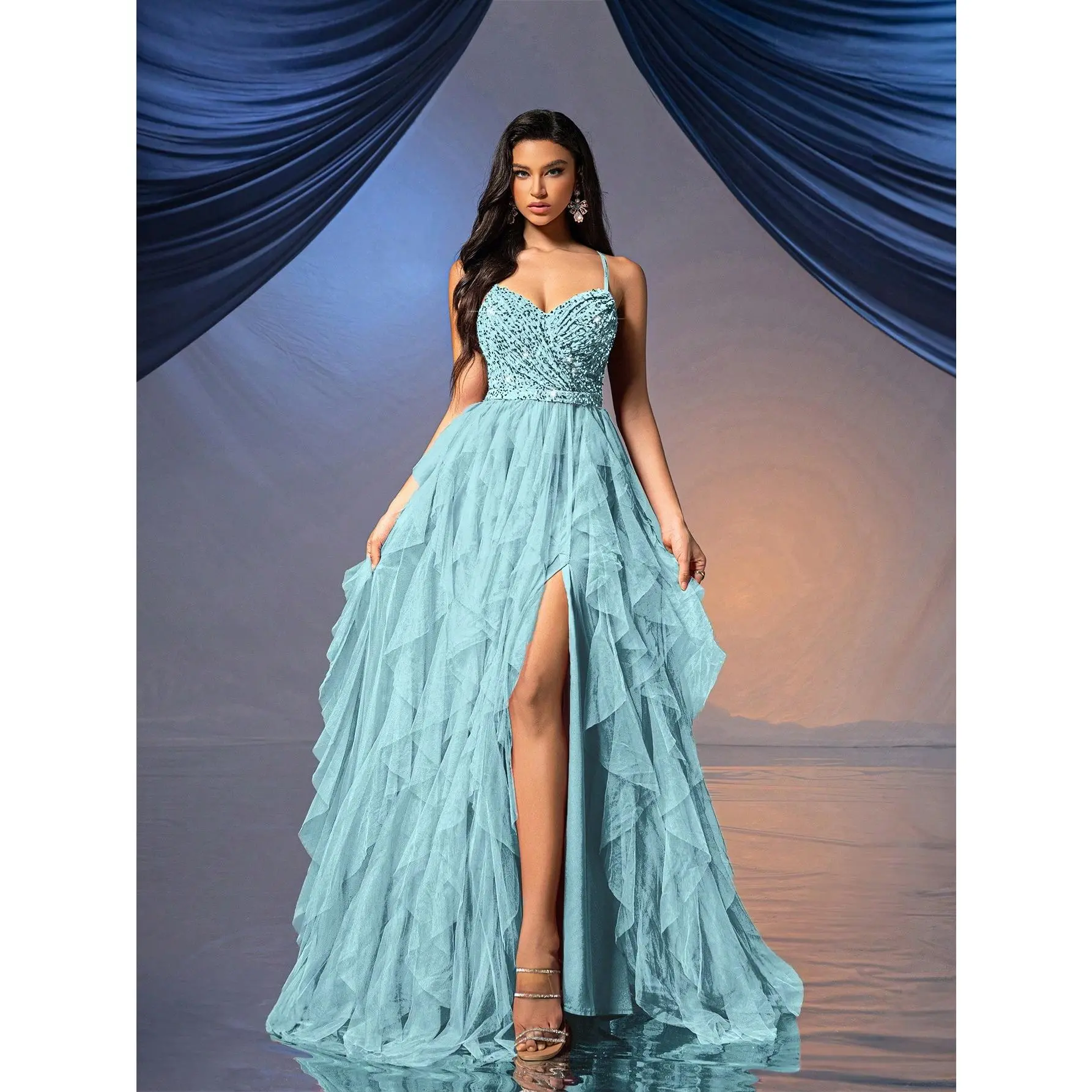 Women's Spaghetti Strap Sweetheart Neck Evening Gown - Fairy-Style Backless Sequined Ruffled Tulle A-Line Long Dress with High Slit for Wedding, Formal Party Womenswear Elegant Polyester