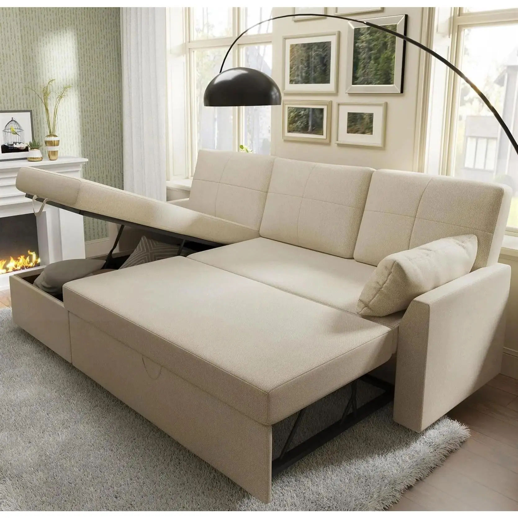L-Shaped Sectional Storage Sofa with Chaise, Reversible Sleeper Sofa Bed, 2-in-1 Pull Out Couch Living Room Furniture/Best Gift Ideas/Christmas Gifts