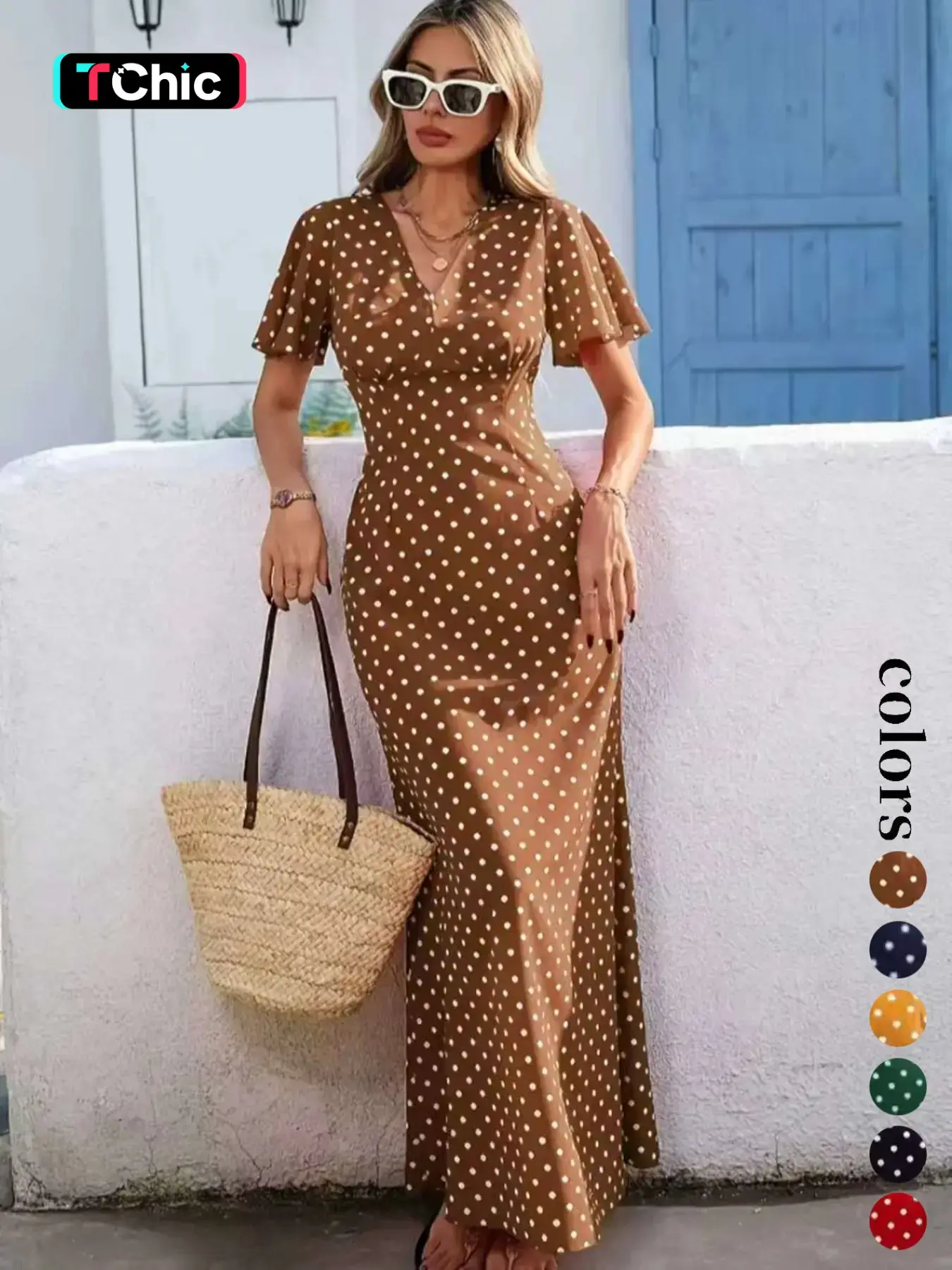 Women's Bohemian Boho Style V-Neck Short Sleeve Long Dress, Summer Casual Polka Dot Vacation Style, New European and American Fashion Casual Wear