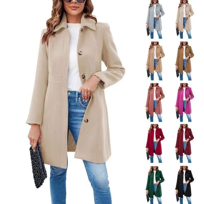 Women'sElegantSingleBreastedCoatLongSleeveMidWoolOvercoatWorkOfficePeaCoatsBasicCasual